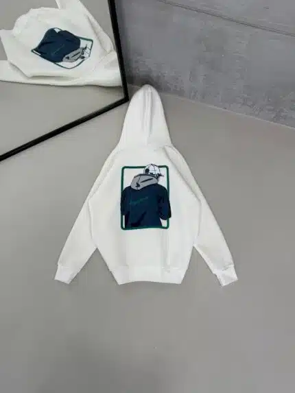 NK Büyük Kabartma Sırt Baskılı Kapşonlu Üç İplik  Sweatshirt – Beyaz