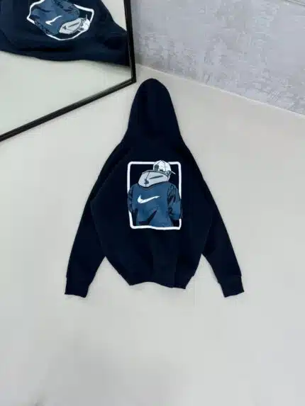 NK Büyük Kabartma Sırt Baskılı Kapşonlu Üç İplik  Sweatshirt – Lacivert