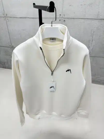 Premium İmzalı Seri Nakışlı Yarım Fermuarlı Sweatshirt – Beyaz