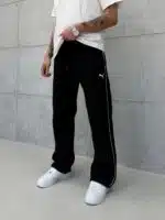 'PM' Nakışlı Çizgili Lastikli Stoper Paça Baggy Eşofman - Siyah - Görsel 3