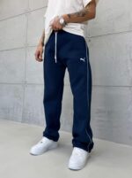 ‘PM’ Nakışlı Çizgili Lastikli Stoper Paça Baggy Eşofman – İndigo