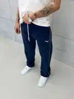 ‘PM’ Nakışlı Çizgili Lastikli Stoper Paça Baggy Eşofman – İndigo - Görsel 3