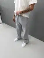 ‘PM’ Nakışlı Çizgili Lastikli Stoper Paça Baggy Eşofman – Gri - Görsel 3