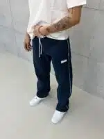 'SW' Baskılı Çizgili Lastikli Stoper Paça Baggy Eşofman - İndigo - Görsel 3