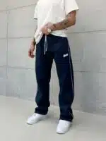 'SW' Baskılı Çizgili Lastikli Stoper Paça Baggy Eşofman - İndigo - Görsel 2