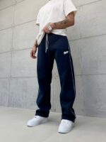 'SW' Baskılı Çizgili Lastikli Stoper Paça Baggy Eşofman - İndigo