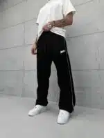 'SW' Baskılı Çizgili Lastikli Stoper Paça Baggy Eşofman - Siyah - Görsel 2