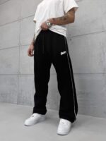 'SW' Baskılı Çizgili Lastikli Stoper Paça Baggy Eşofman - Siyah