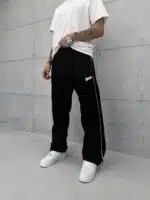 'SW' Baskılı Çizgili Lastikli Stoper Paça Baggy Eşofman - Siyah - Görsel 3