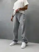 'SW' Baskılı Çizgili Lastikli Stoper Paça Baggy Eşofman - Gri