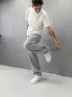 'SW' Baskılı Çizgili Lastikli Stoper Paça Baggy Eşofman - Gri - Görsel 3