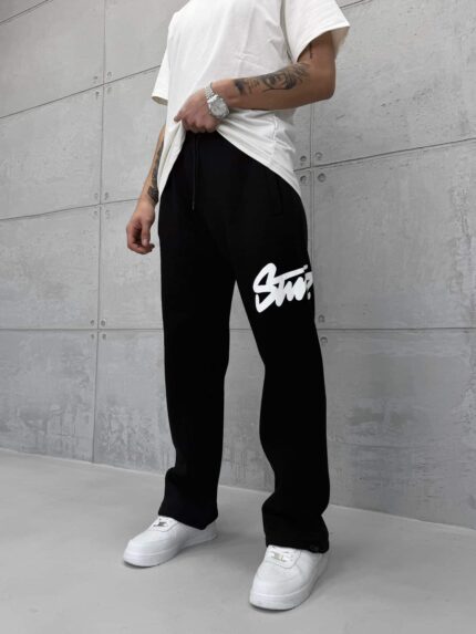 ‘SW’ Büyük Baskılı Lastikli Stoper Paça Baggy Eşofman – Siyah