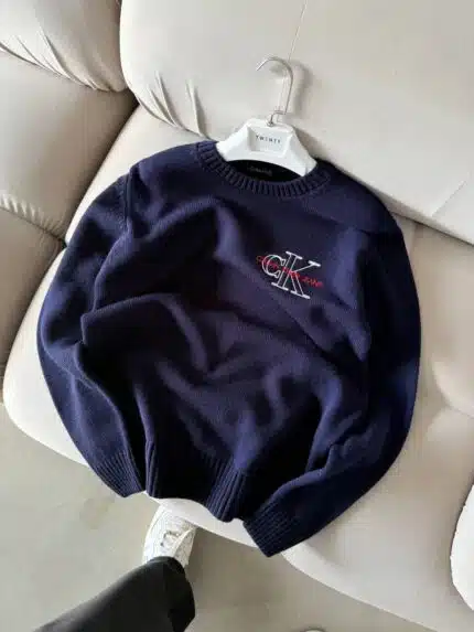 CK Nakış İşlemeli Premium Örgü Triko Kazak – Lacivert