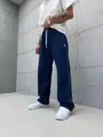 'RL' Nakışlı Çizgili Lastikli Stoper Paça Baggy Eşofman - İndigo