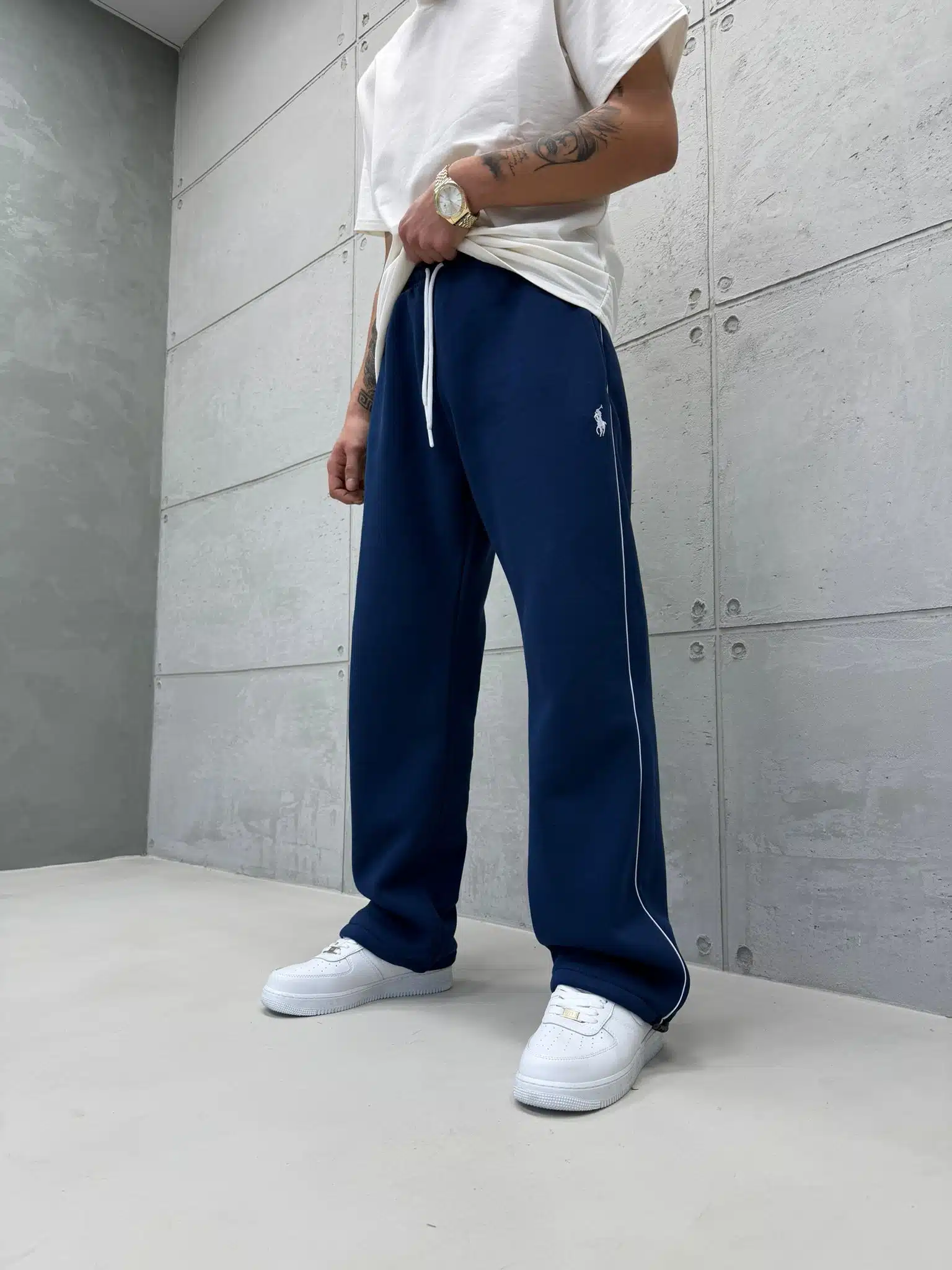 WhatsApp Görsel 2025-12-04 saat 14.12.41_d7e60a29 'RL' Nakışlı Çizgili Lastikli Stoper Paça Baggy Eşofman - İndigo - Görsel 1