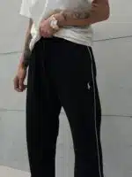 'RL' Nakışlı Çizgili Lastikli Stoper Paça Baggy Eşofman - Siyah - Görsel 5