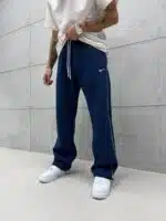 'NK' Nakışlı Çizgili Lastikli Stoper Paça Baggy Eşofman - İndigo - Görsel 4