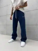 'NK' Nakışlı Çizgili Lastikli Stoper Paça Baggy Eşofman - İndigo