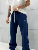 'NK' Nakışlı Çizgili Lastikli Stoper Paça Baggy Eşofman - İndigo - Görsel 3