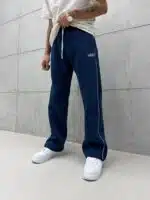 'VNS' Nakışlı Çizgili Lastikli Stoper Paça Baggy Eşofman - İndigo