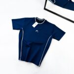 Premium İmzalı Seri Çift Şeritli Nakış Detaylı Bisiklet Yaka Tshirt -Lacivert