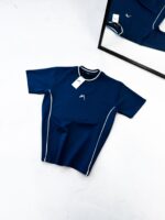 Premium İmzalı Seri Çift Şeritli Nakış Detaylı Bisiklet Yaka Tshirt -Lacivert
