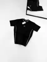 Premium İmzalı Seri Çift Şeritli Nakış Detaylı Bisiklet Yaka Tshirt -Siyah