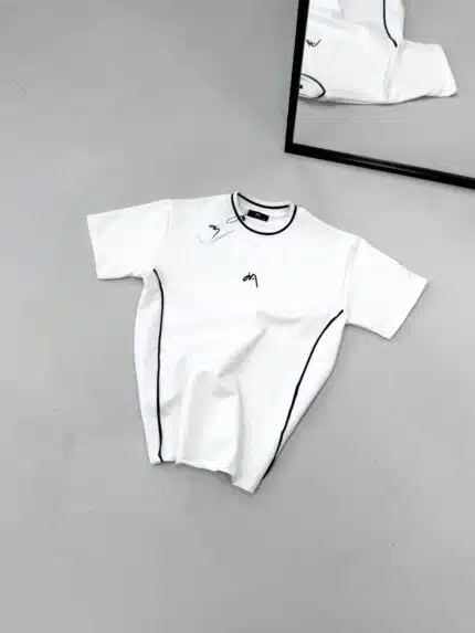 Premium İmzalı Seri Çift Şeritli Nakış Detaylı Bisiklet Yaka Tshirt -Beyaz