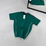 Premium İmzalı Seri Çift Şeritli Nakış Detaylı Bisiklet Yaka Tshirt -Yeşil
