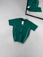 Premium İmzalı Seri Çift Şeritli Nakış Detaylı Bisiklet Yaka Tshirt -Yeşil