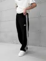 ‘AD’ 3 Şeritli Lastikli Stoper Paça Baggy Eşofman – Siyah - Görsel 3