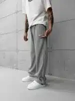 'NK' Nakışlı Şeritli Lastikli Stoper Paça Baggy Eşofman - Gri - Görsel 3