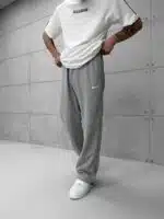 'NK' Nakışlı Şeritli Lastikli Stoper Paça Baggy Eşofman - Gri - Görsel 4