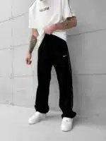 'NK' Nakışlı Şeritli Lastikli Stoper Paça Baggy Eşofman -Siyah