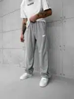 'SW' Baskılı Şeritli Lastikli Stoper Paça Baggy Eşofman - Gri