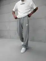 'SW' Baskılı Şeritli Lastikli Stoper Paça Baggy Eşofman - Gri - Görsel 3