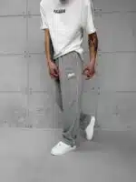 'SW' Baskılı Şeritli Lastikli Stoper Paça Baggy Eşofman - Gri - Görsel 4