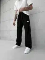 'SW' Baskılı Şeritli Lastikli Stoper Paça Baggy Eşofman - Siyah