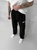 'SW' Baskılı Şeritli Lastikli Stoper Paça Baggy Eşofman - Siyah - Görsel 3