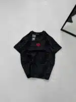 AD Yıkamalı Retro Nakış Detaylı Bisiklet Yaka Tshirt-Siyah