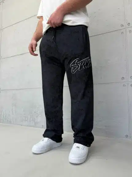 ST Büyük Yan Baskılı Yıkamalı Stoper Paça Baggy Eşofman – Siyah