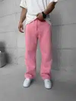'NK' Nakışlı Çizgili Lastikli Stoper Paça Baggy 3 İplik Eşofman - Pembe - Görsel 2