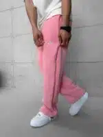 'NK' Nakışlı Çizgili Lastikli Stoper Paça Baggy 3 İplik Eşofman - Pembe - Görsel 4