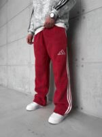 AD Şerit Detaylı Yıkamalı 3 İplik Baggy Eşofman - Kırmızı