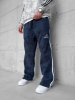 AD Şerit Detaylı Yıkamalı 3 İplik Baggy Eşofman - Lacivert - Beyaz