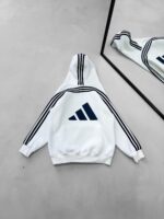 AD Baskılı Şerit Detaylı Kapüşonlu Sweatshirt – Beyaz&Lacivert
