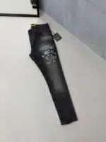 LV Baskılı Premium Slim Fit Pantolon - Taşlamalı Siyah