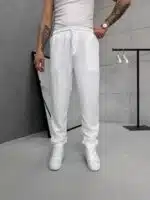 Premium İmzalı Seri Rahat Kalıp Keten Jogger Pantolon -Beyaz