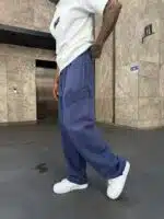 'SW' Lazer İşleme Lastikli Stoper Paça Baggy Eşofman – İndigo - Görsel 5