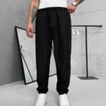 Premium İmzalı Seri Rahat Kalıp Keten Jogger Pantolon -Siyah